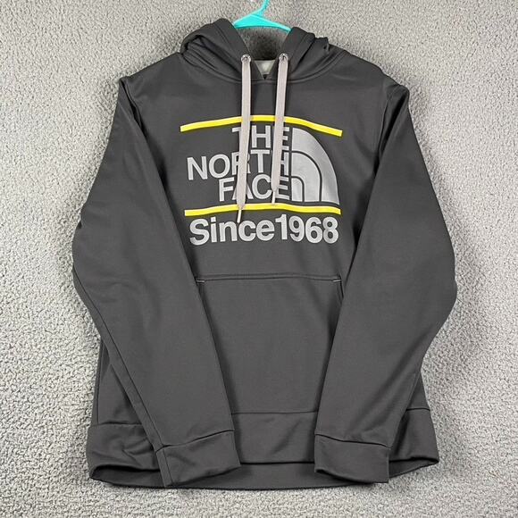 The North Face Men's M Gray Yellow Logo Fleece Pullover Hoodie Sweatshirt - Picture 1 of 8